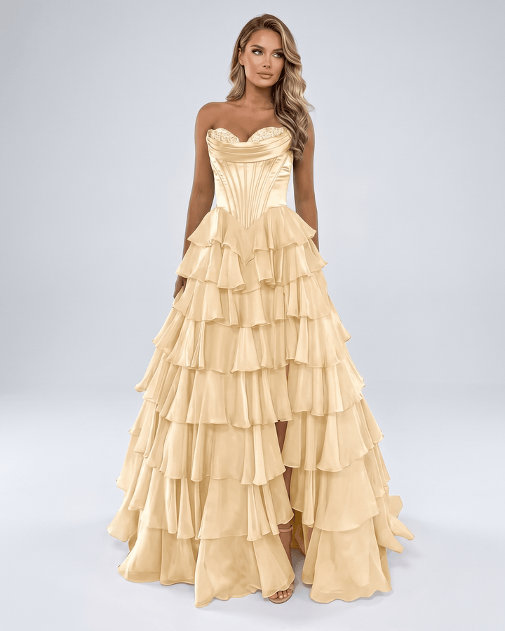 Vestido de boda, escote corazón. Maxi, formal, sin tirantes, volantes, silueta A-line para mujer.