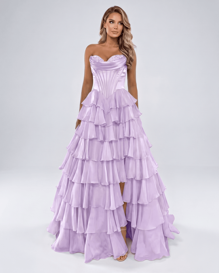 Vestido de noche elegante para mujer, escote corazón. Maxi, con volantes, estilo A-line.