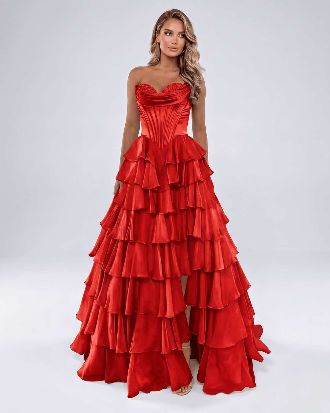 Vestido maxi con volantes, escote corazón, elegante. Sin tirantes para gala o boda de mujer.