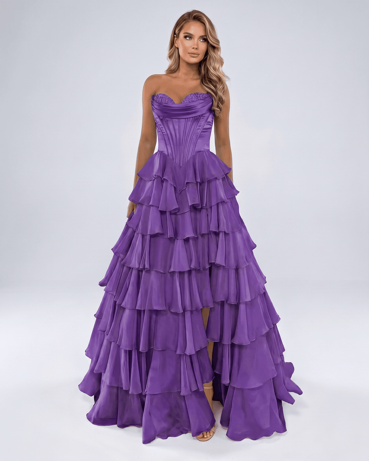 Vestido maxi mujer, escote corazón. Elegante, sin tirantes, volantes, silueta A-line para gala.