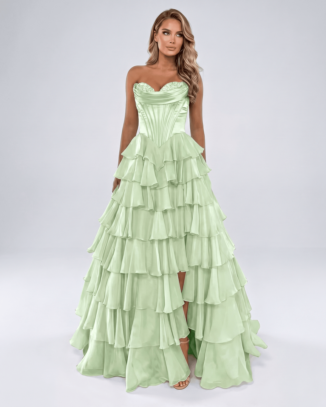 Vestido de fiesta elegante para mujer, escote corazón. Maxi, volantes, silueta A-line.
