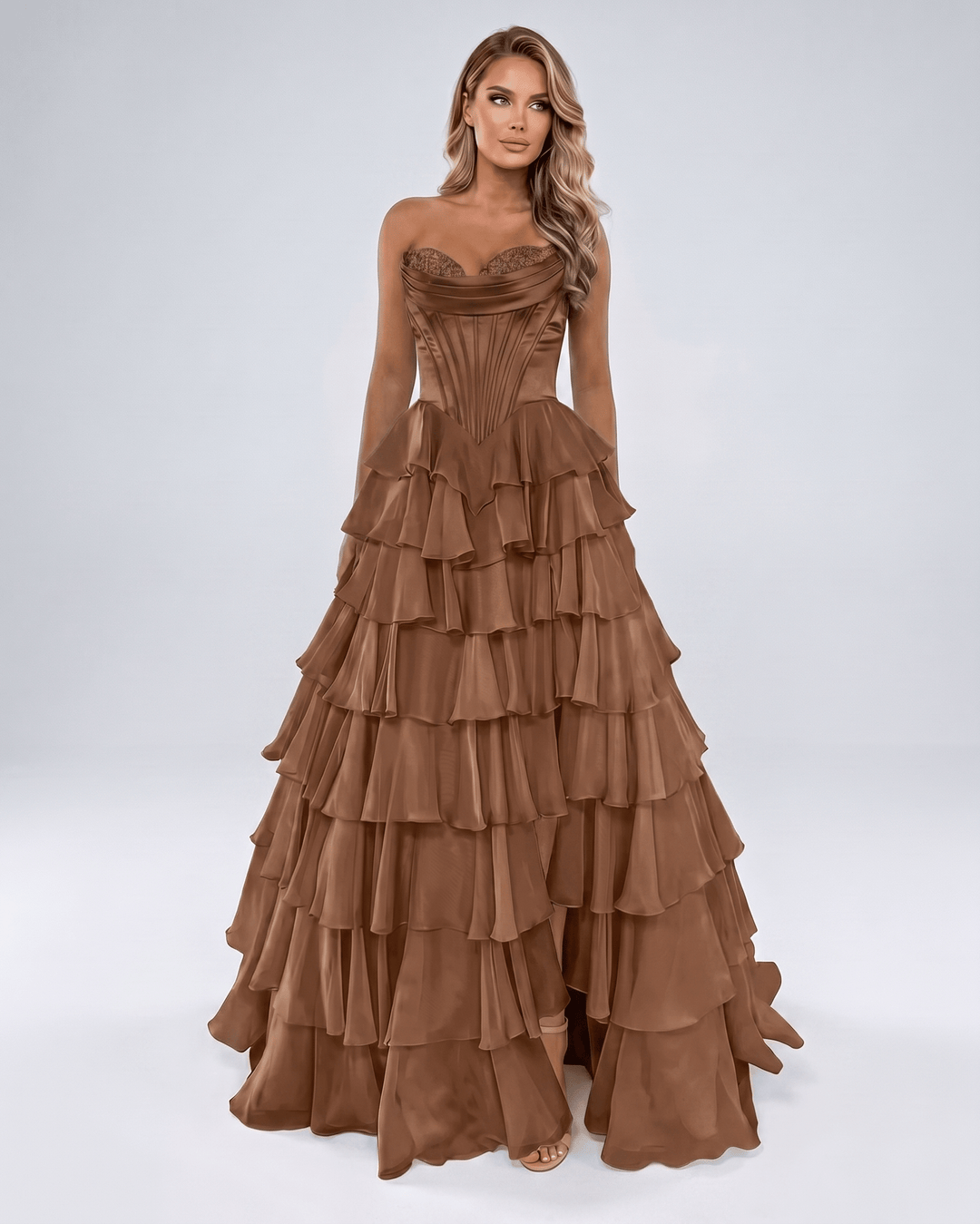 Elegante vestido maxi para mujer, escote corazón. Sin tirantes, perfecto para noche formal.