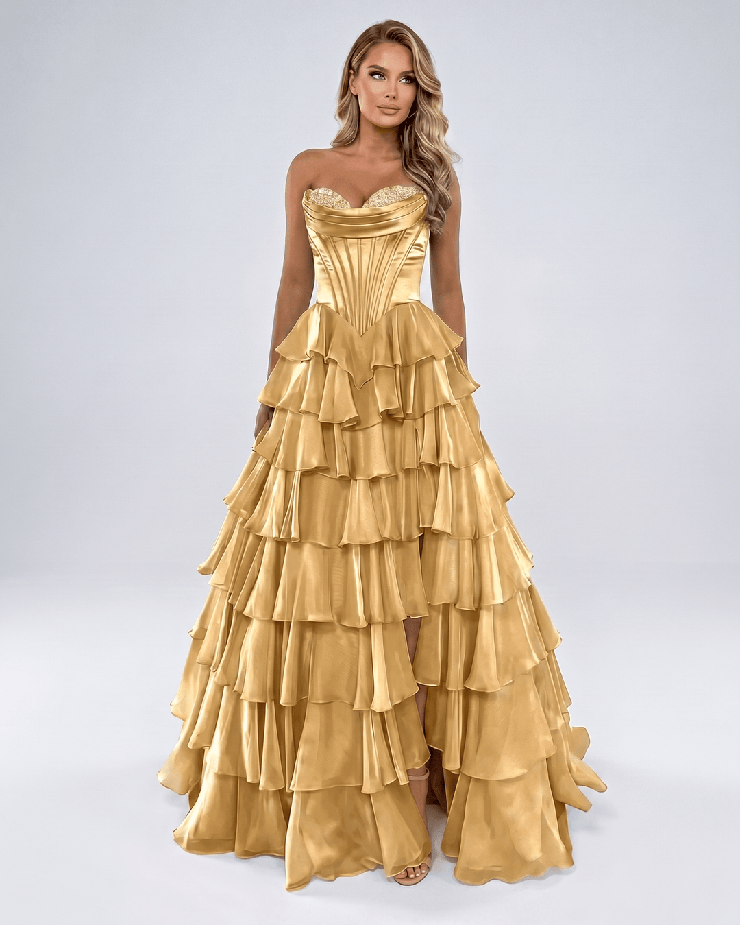 Maxi vestido formal de mujer, escote corazón. Sin tirantes, elegante para gala o boda.