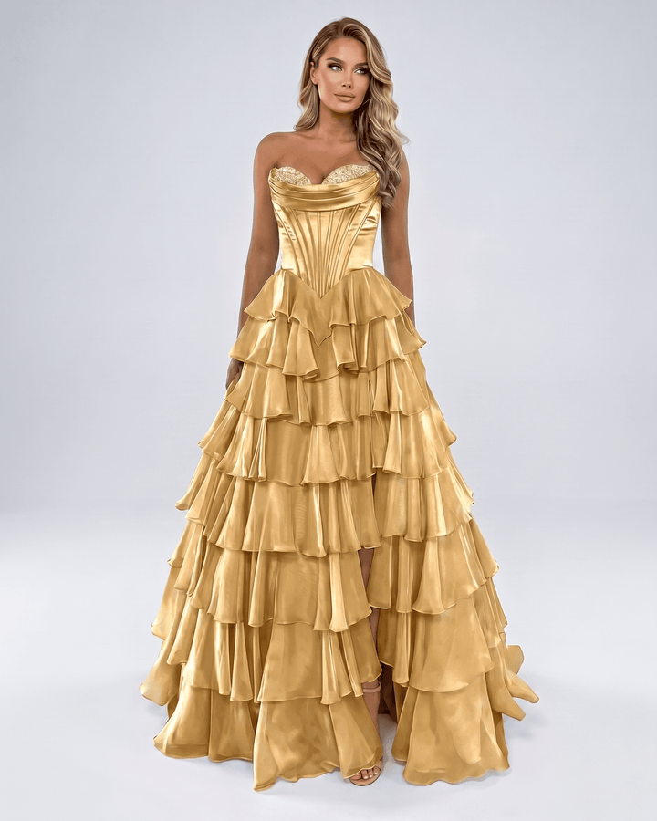 Maxi vestido formal de mujer, escote corazón. Sin tirantes, elegante para gala o boda.