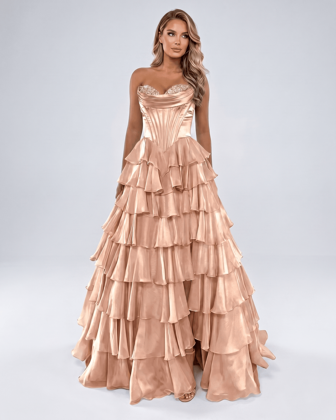 Vestido de fiesta, escote corazón, sin tirantes. Maxi, elegante y formal para mujer.