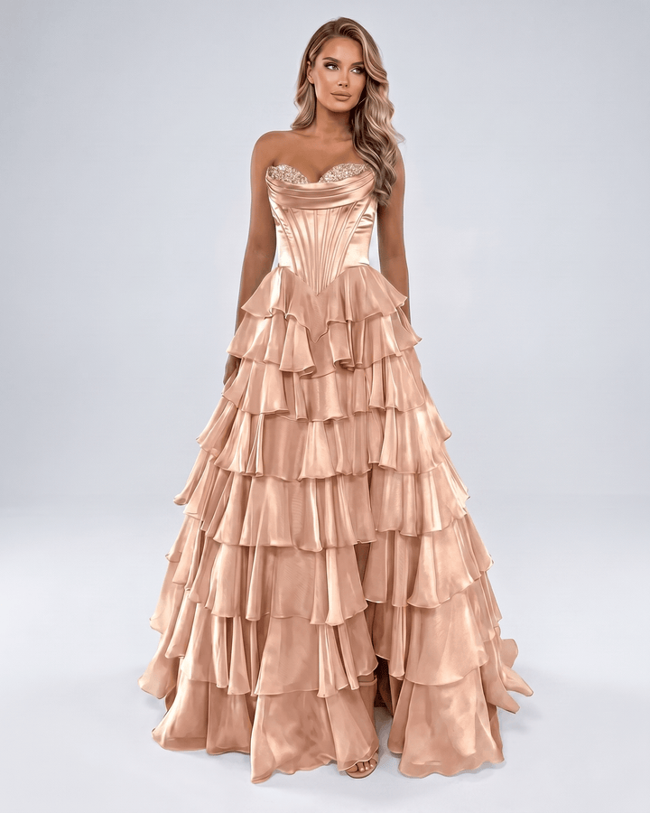 Vestido de fiesta, escote corazón, sin tirantes. Maxi, elegante y formal para mujer.