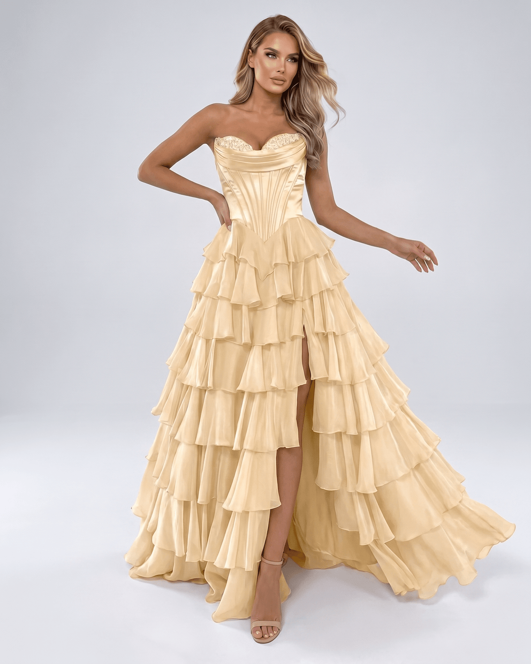 Vestido de noche formal para mujer, escote corazón. Maxi, sin tirantes, silueta A-line.