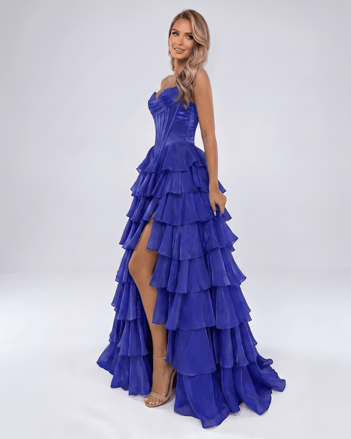 Vestido formal elegante, maxi de mujer. Escote corazón, sin tirantes, para noche o boda.