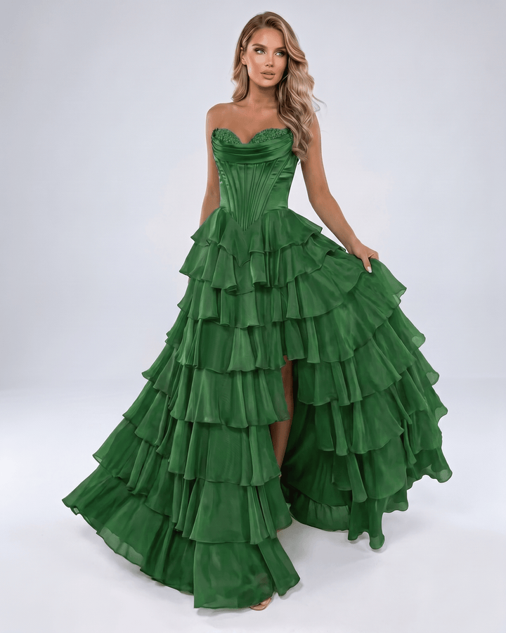 Vestido formal con escote corazón para mujer. Maxi, con volantes y silueta A-line.