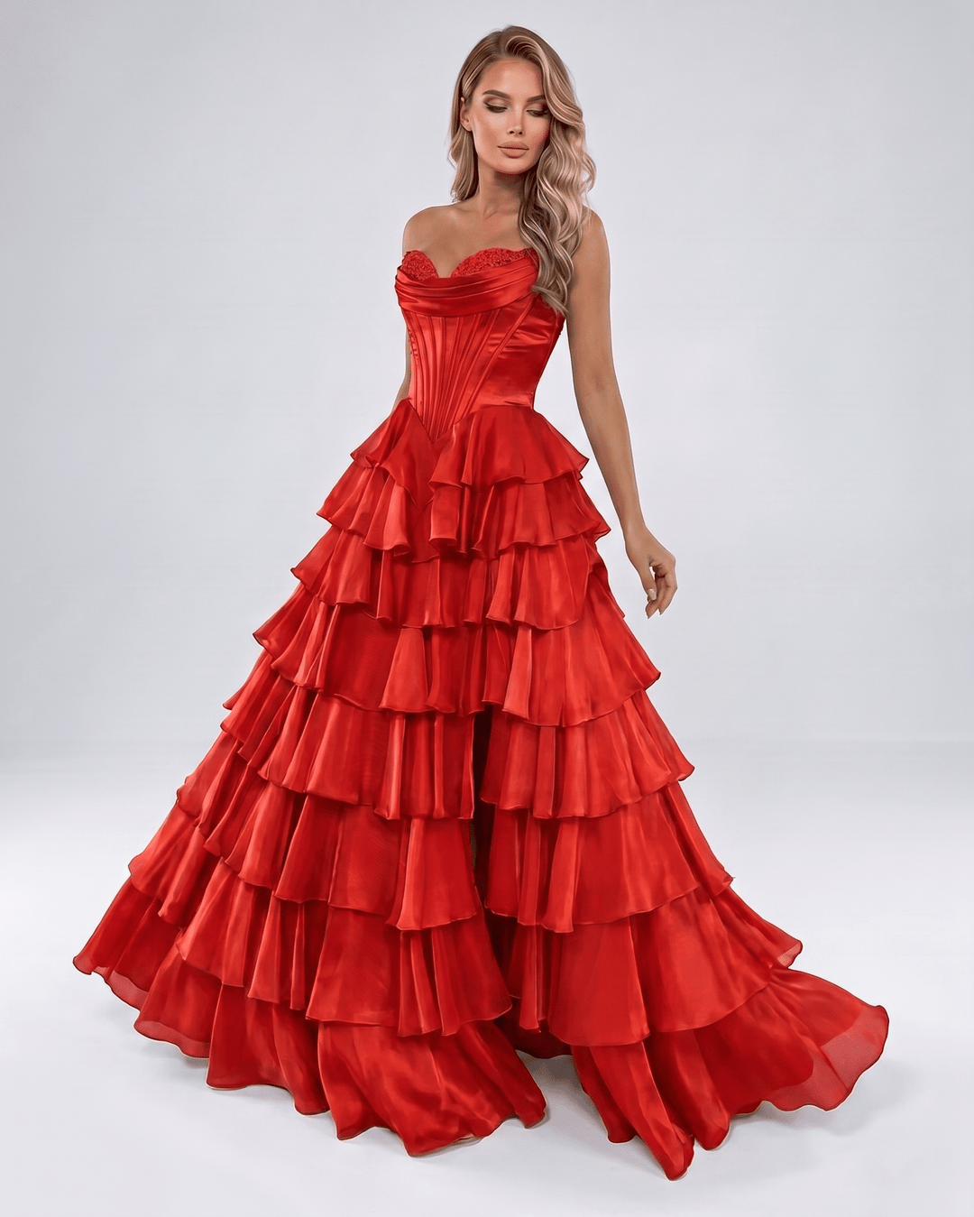 Vestido formal A-line para mujer, escote corazón. Con volantes, maxi y elegante.