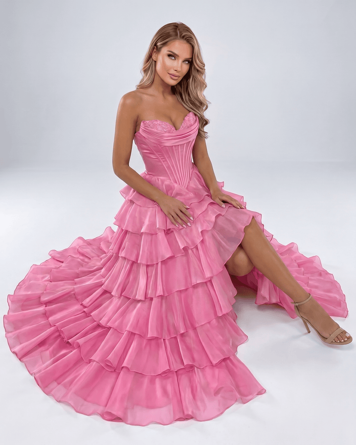 Vestido de fiesta mujer, maxi y elegante. Escote corazón, volantes y silueta A-line.