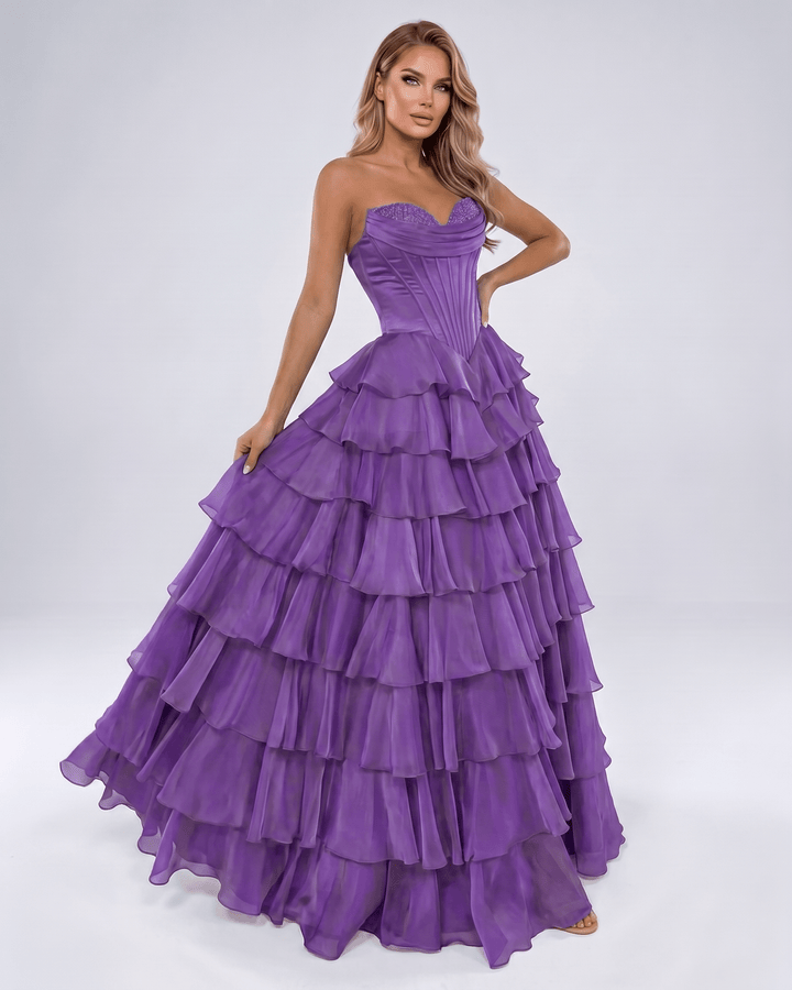 Vestido de noche elegante, escote corazón. Maxi, formal, sin tirantes, volantes para mujer.
