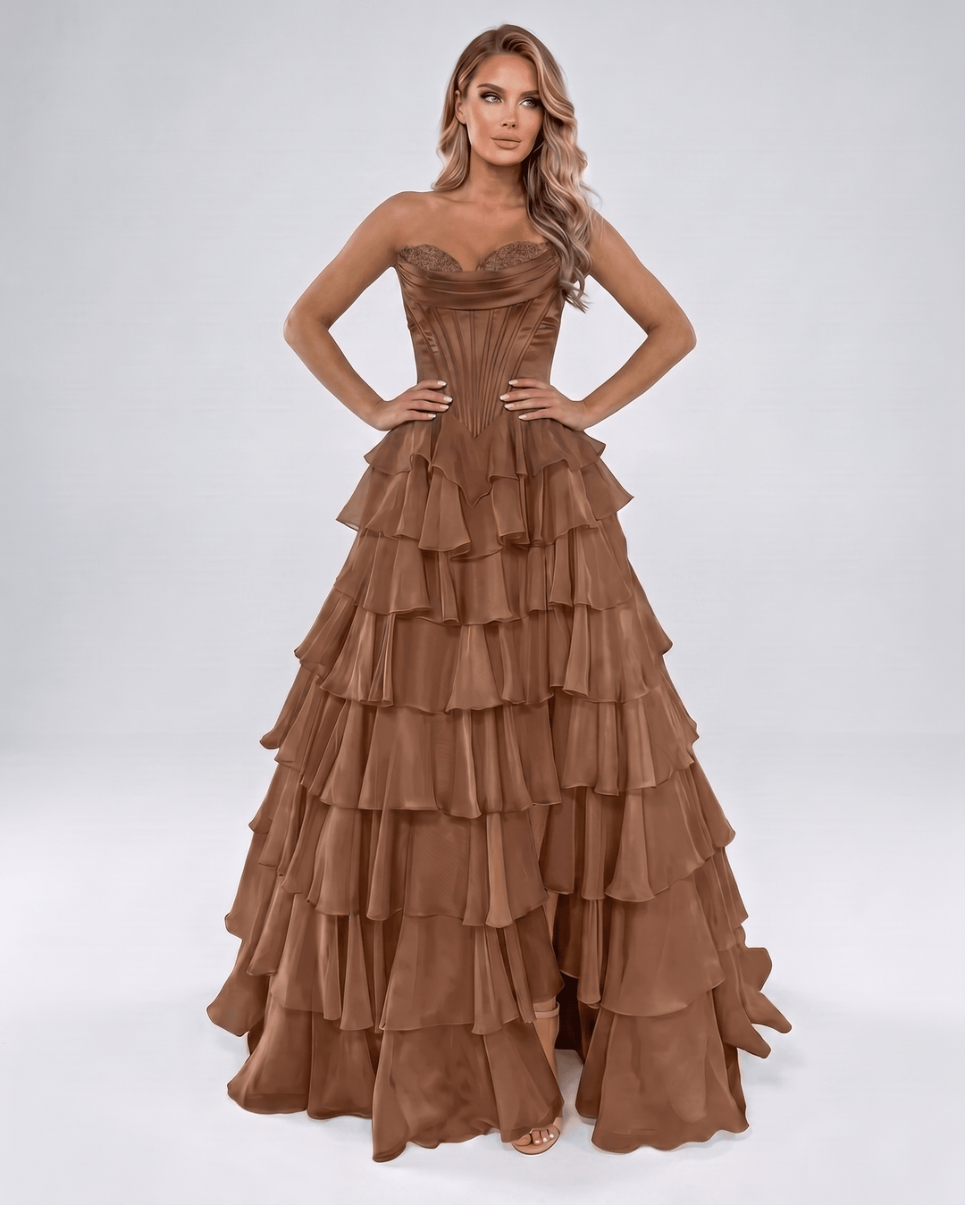 Vestido de noche, escote corazón. Maxi, con volantes y silueta A-line para mujer.