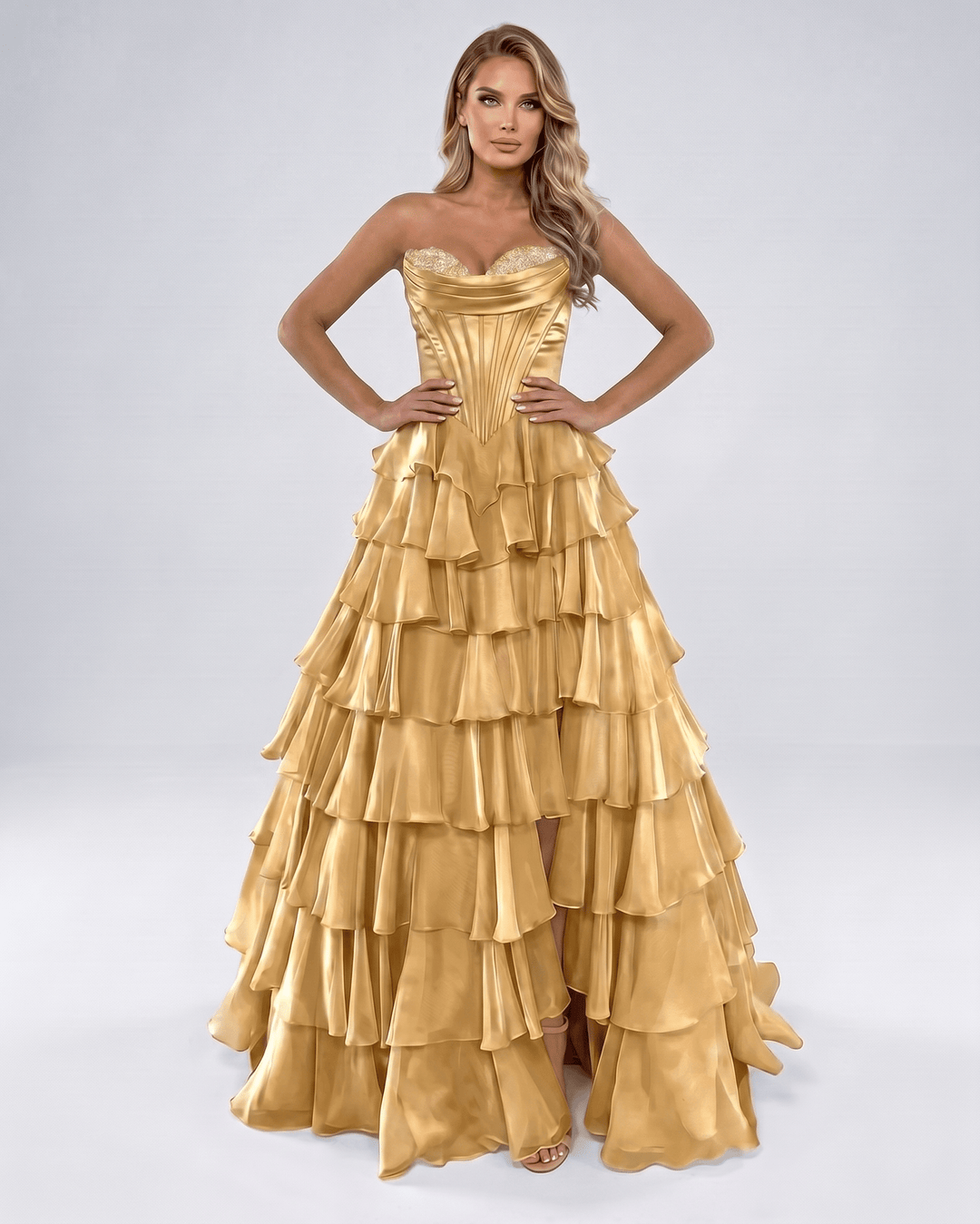 Vestido elegante para mujer, escote corazón. Maxi, con volantes, ideal para graduación.