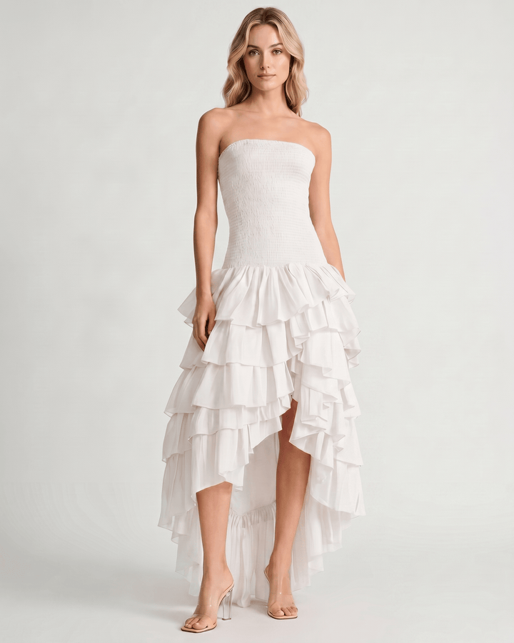 Vestido largo de verano, dobladillo asimétrico, fluido y elegante para invitada de boda.