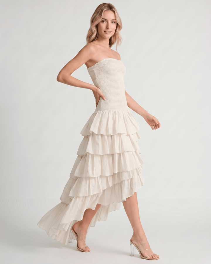 Vestido de verano maxi para mujer, sin mangas y con caída fluida para bodas.