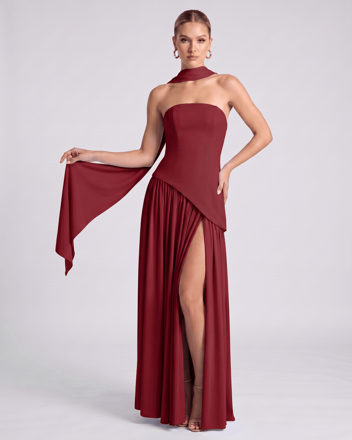 Vestido de noche Aureline formal, sin mangas, estilo halter, falda larga plisada, muy sofisticado.