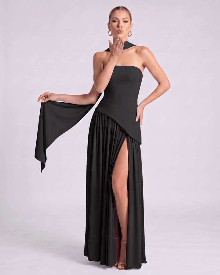 Vestido de noche Aureline para ocasiones especiales, estilo halter, falda plisada, sin mangas.
