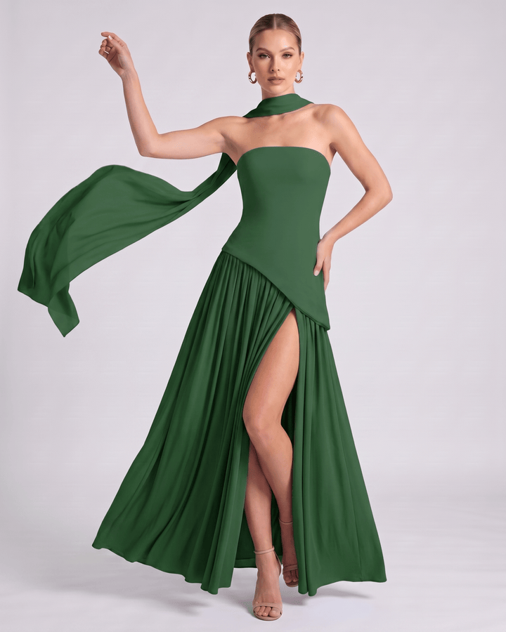 Vestido de gala Aureline para mujer, elegante y sin mangas, falda plisada, estilo halter chic.