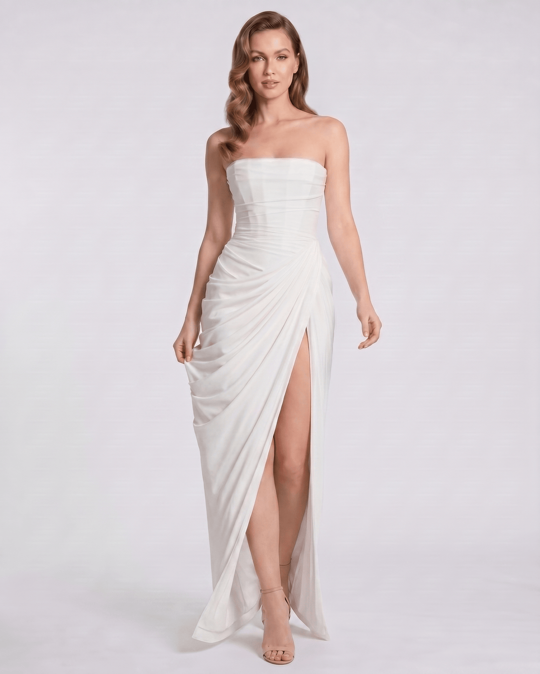 Maxi vestido femenino, sin tirantes, elegante, para fiesta de gala y eventos formales.