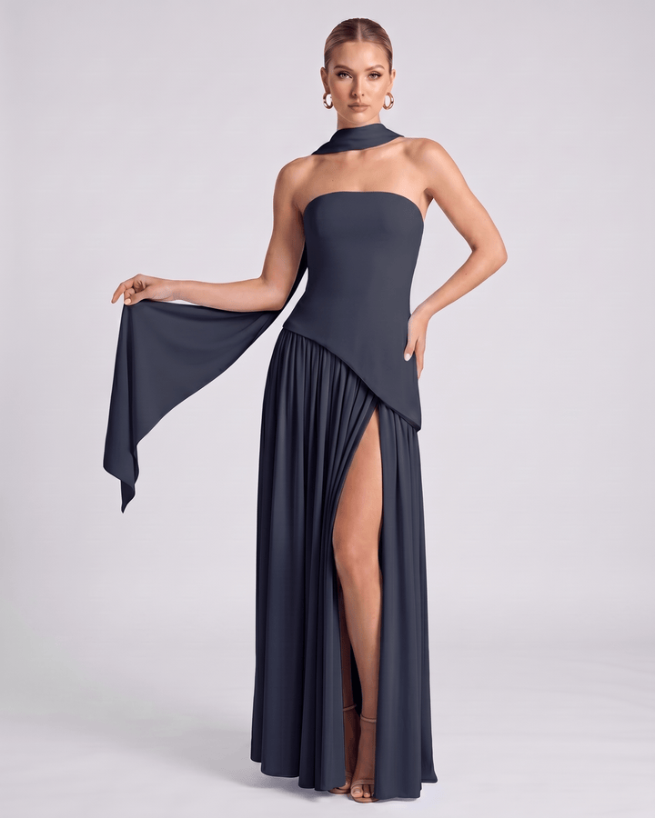 Vestido de noche Aureline formal, cuello halter, falda plisada, para mujeres modernas.