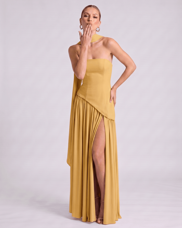 Vestido formal Aureline para mujer, sin mangas, estilo halter, falda plisada, noches inolvidables.