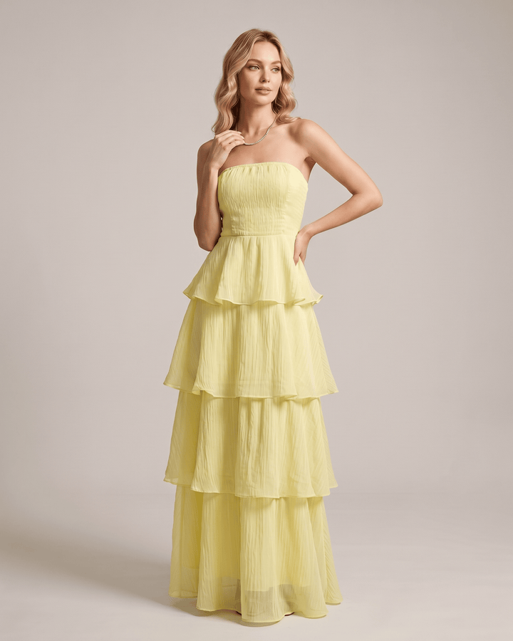 Vestido maxi para fiesta de mujer, diseño elegante, sin tirantes y con vuelo.