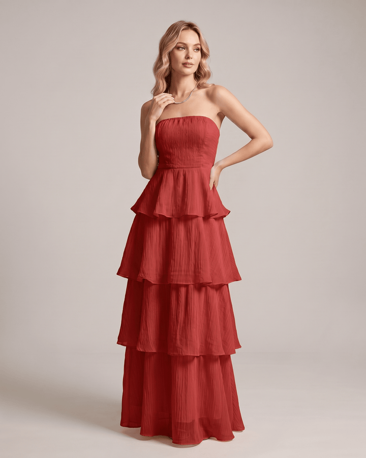 Vestido de invitada sin tirantes, maxi y fluido, para bodas y eventos.