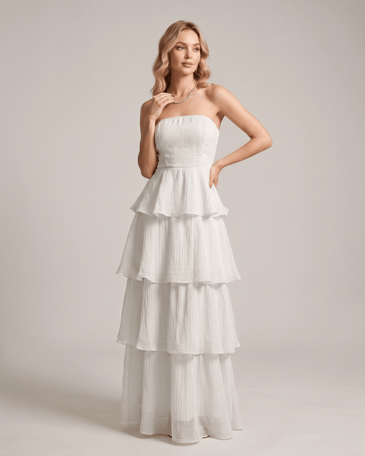 Vestido de fiesta sin tirantes, largo y fluido, para mujer, muy femenino.