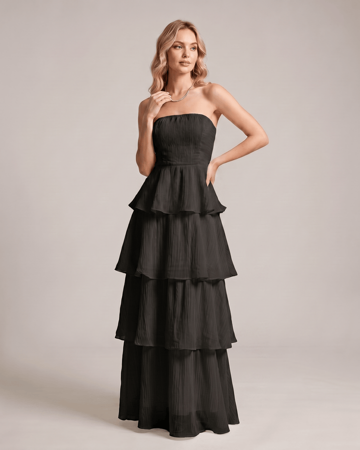 Vestido de fiesta elegante, sin tirantes, maxi y fluido, para ocasiones especiales.