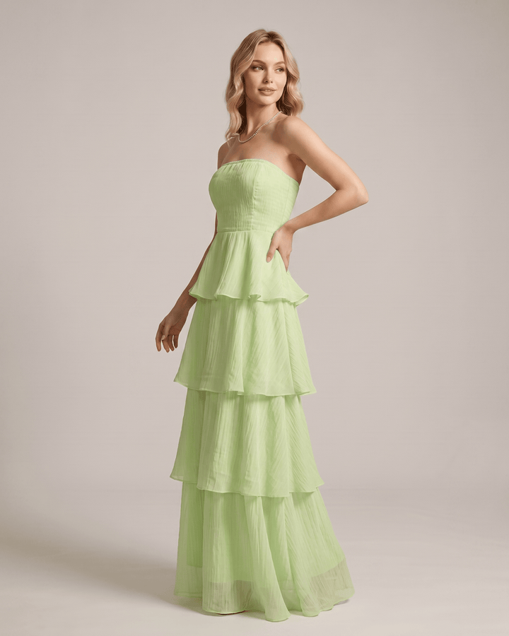 Vestido largo de mujer, estilo sin tirantes, ideal para fiesta o cóctel.