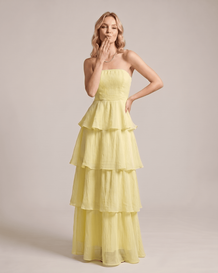 Vestido fluido de capas para mujer, estilo maxi sin tirantes, look elegante.