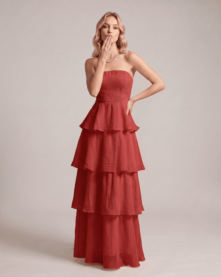 Vestido de fiesta de mujer, maxi y sin tirantes, con detalles de capas.