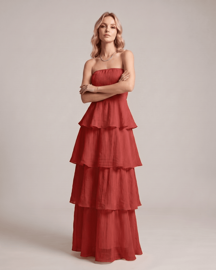 Vestido de cóctel maxi, sin tirantes, para mujer, silueta fluida y moderna.