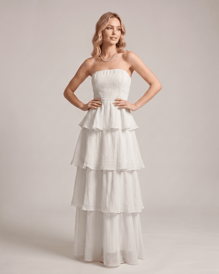 Vestido maxi de mujer, sin tirantes, con capas fluidas, muy elegante.