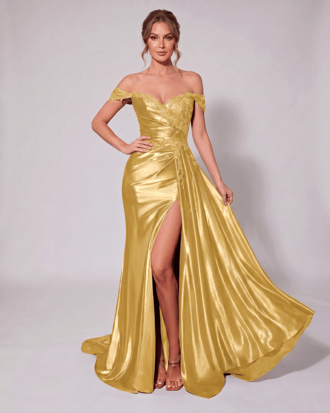 Vestido de gala veloura bronce, sin mangas, escote corazón. Para un brillo cálido.