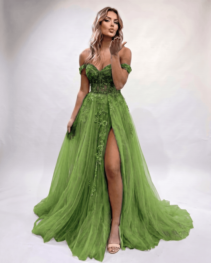 Vestido largo de fiesta chic para mujer, con escote corazón y abertura lateral.