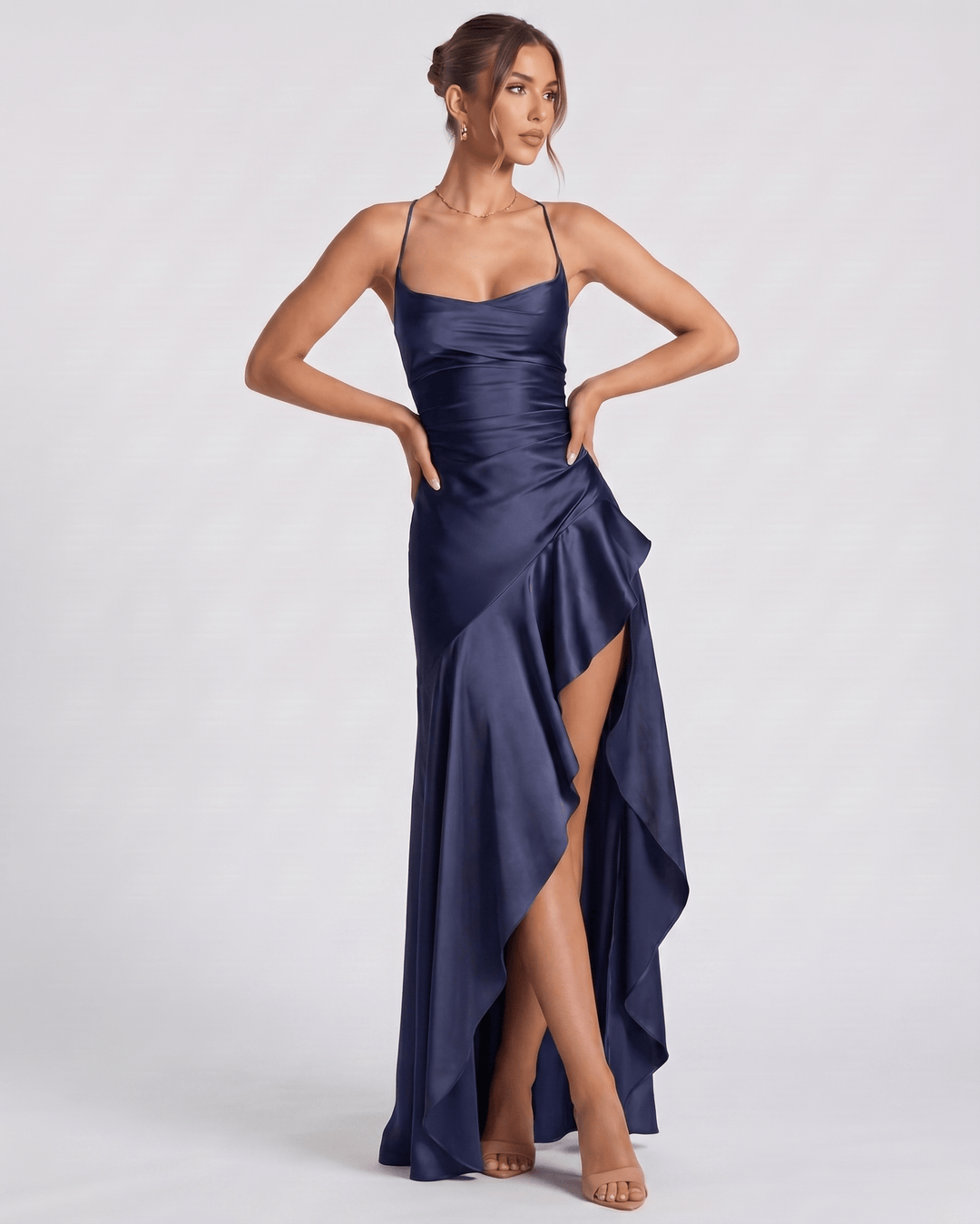 Vestido formal para mujer, cuello drapeado. Perfecto para fiestas y cenas.