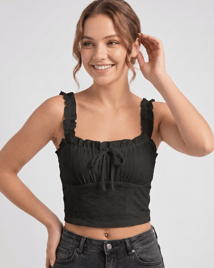 Top corto elegante Elowen con bordado y volantes para mujer.