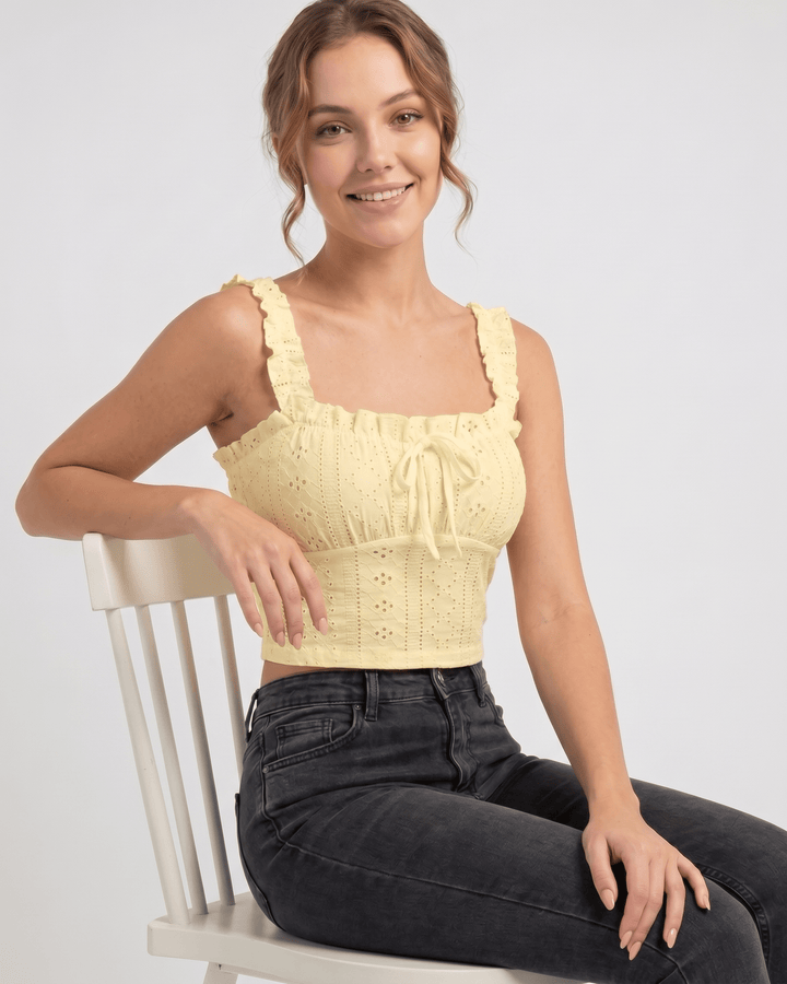 Top Elowen bordado sin mangas, volantes, estilo elegante para mujer.
