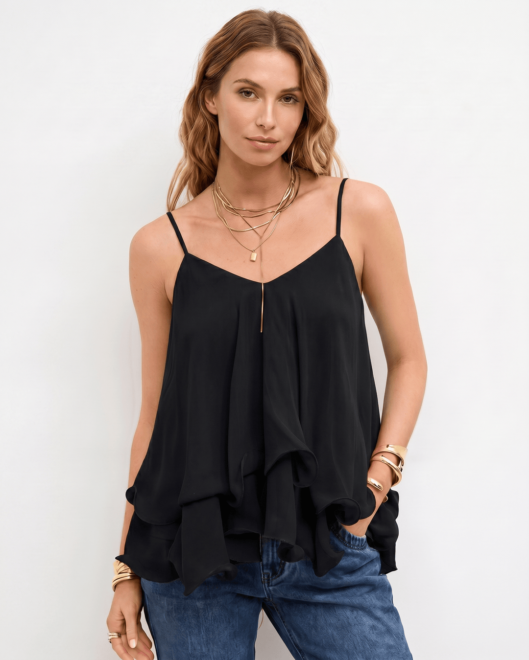 Top casual sin mangas fluido, mujer, ideal para clima cálido y estilo relajado.