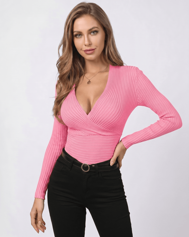 Suéter de otoño acanalado, manga larga y cuello V. Un básico elegante para tu armario.