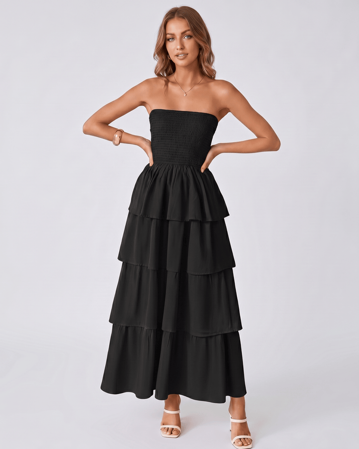 Vestido maxi Solenne sin tirantes para mujer, con volantes. Ideal para cóctel y eventos especiales.