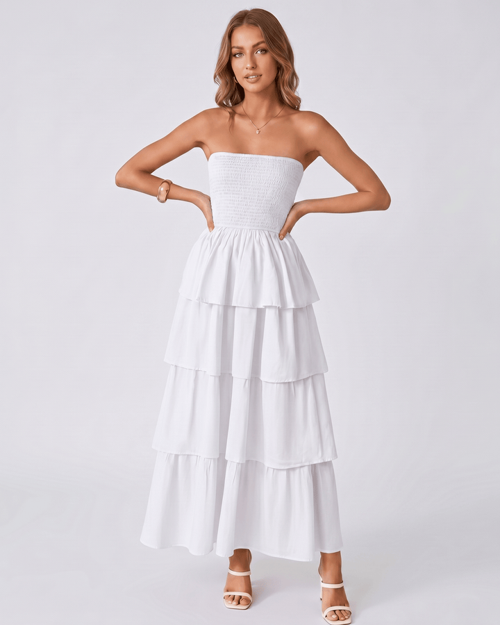Vestido Solenne maxi sin tirantes, con volantes elegantes. Ropa de fiesta femenina para eventos de noche.