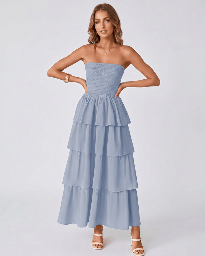 Vestido maxi de mujer Solenne con volantes. Estilo sin tirantes, para una ropa de fiesta sofisticada.