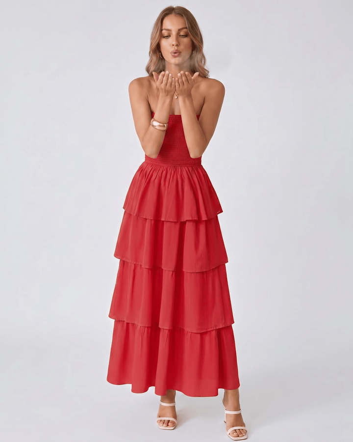 Vestido maxi Solenne para mujer, sin tirantes. Con volantes, un toque elegante para celebraciones.