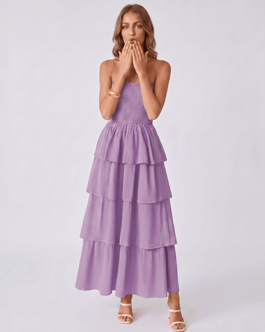 Vestido maxi elegante Solenne sin tirantes, con volantes. Ideal para ropa de fiesta de verano mujer.