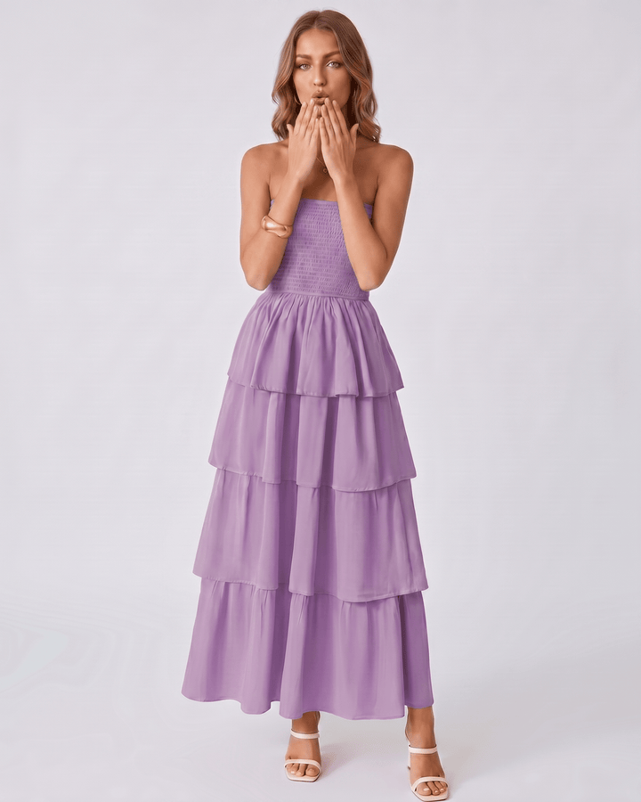 Vestido maxi elegante Solenne sin tirantes, con volantes. Ideal para ropa de fiesta de verano mujer.