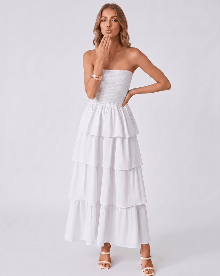 Vestido maxi Solenne, silueta sin tirantes, con volantes. Vestido de mujer elegante para verano y fiestas.