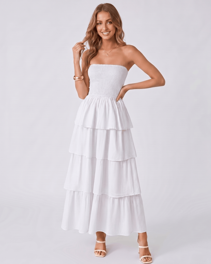 Vestido maxi Solenne de mujer, sin tirantes y con volantes. Estilo elegante para cócteles y reuniones.